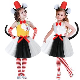 6 Pcs Tulle Tutu Skirt Set for Girls Women with Headband, Striped High Socks and Arm Warmer Gloves (Red, Blue)