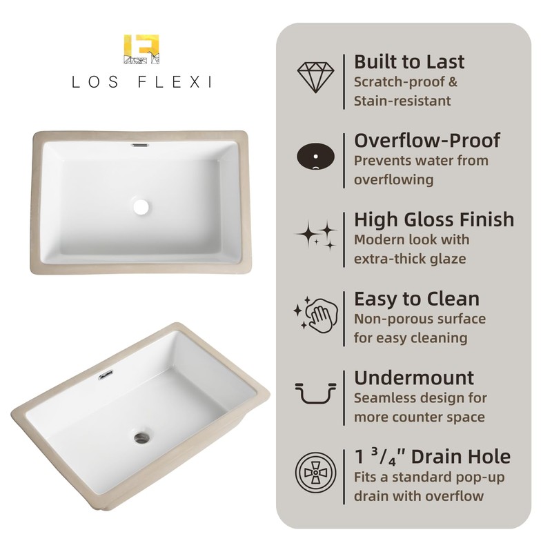 24 Inch Rectangular Undermount Bathroom Sink, Los Flexi 24" x