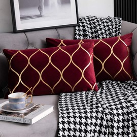 DEZENE Gold Velvet Throw Pillow Covers: 2 Pack 12x20 Inch Rectangular Decorative Pillow Cases for Bedroom Sofa Couch Living Room, Burgundy Red