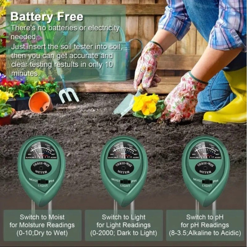 Generic 3-Way Soil Meter With Light Moisture & pH Levels
