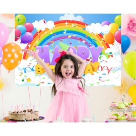 Rainbow Happy Birthday Backdrop Banner for Kids Birthday Party Backdrop,Blue Sky Balloons Birthday Sign for Girls Boys Party Decorations Supplies(10X8 FT,Polyester)