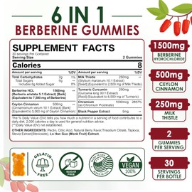 Berberine Gummies Supplement 1500mg, Natural GLP-1 Support + Ceylon Cinnamon, Chromium, Milk Thistle, Turmeric, AMPK Activator for Women & Men, Berberine HCl from Indian Barberry, Sugar Free, 2 Pack