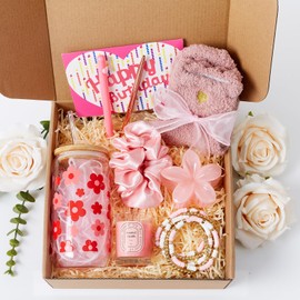 Birthday Gifts for Teen Girls, Gift Baskets for Women, Thinking of You Gifts for Her, Women, Sister, Daughter, Friends, Granddaughter, Teenage Girls, Daisy Flower Printed Glass Cup Gift Set 9-PCS