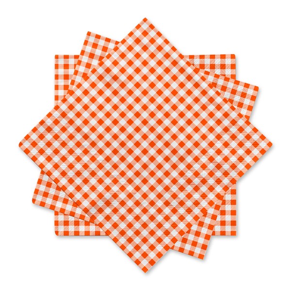 Gatherfun Disposable Paper Napkins 3-ply Orange and White Gingham Beverage