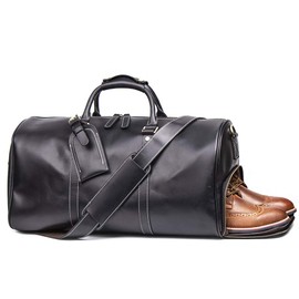 Leathfocus Leather Travel Luggage Bag, Mens Duffle Retro Carry on Handbag (Black)