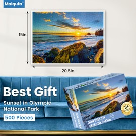 500 Pieces Puzzle for Adults - Olympic National Park Jigsaw Puzzle for Adults Kids Teens,Recycled Cardboard Sunset Beach Puzzle 500 Pieces,Challenging Game for Family Fun & Gift Idea,20.5 x 15 in