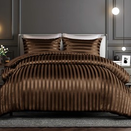 Whale Flotilla 3-Piece Reversible Silky Soft King Size Comforter Set, Luxury Stripe Satin Oversized Comforter Bedding Set with 2 Satin Pillowcases, Lightweight Duvet Set for All Seasons, Brown