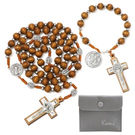KOMI Handmade Wood Beads Rosary with Pocket Rosary Set Wooden Saint Benedict Rosaries Catholic Religious Prayer Beads for Men Women with Rosary Pouch