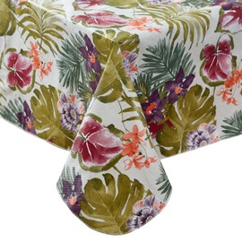 Newbridge Rectangle Flannel Backed Tablecloth, 60 x 84 Inch, Kona Tropical Floral, Waterproof Vinyl Outdoor Patio Table Cloth, Rain Forest Pink Purple and Green