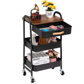 AGTEK Makeup Cart Movable Rolling Organizer Cart with Drawer, 3 Tier Metal Utility Cart with Hanging Cups,Drawer with Leather Handle, Mobile Trolley Cart for Home & Office, Black