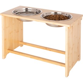 Elevated Dog Bowls - 15-Inch Tall Bamboo Raised Dog Bowl Stand with Nonslip Feet - Comes with Two 60oz Removable Dishwasher Safe Stainless Steel Pet Bowls - Puppy Essentials by PETMAKER