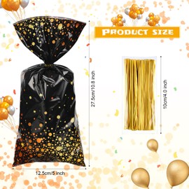 100 Pieces Black and Gold Cellophane Bags 10.8 x 5 inch Plastic Party Treat Bags Candy Goody Treat Bag with 100 Gold Twist Ties for Back to School Graduation Birthday Wedding Retirement Party Supplies