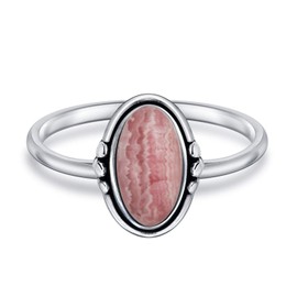 Western Boho Delicate Bezel Set Oval Cabochon Gemstone Rose Pink Rhodochrosite Turquoise Moonstone Ring for Women Teen 1 mm Thin Band Oxidised 925 Sterling Silver, Rhodochrosite