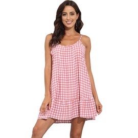 COLOWANA Women's Spaghetti Strap Mini Dress V Neck Boho Floral Printed Casual Summer Beach Short Sundress with Pockets (Pink Plaid, S)