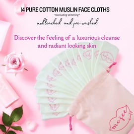 Mojee Beauty Muslin Face Cloths Pack Of 14 Pure Cotton Exfoliating Unbleached and Pre-washed Face Cloths With Mojee Beauty Canvas Bag Reusable Muslin Cloths For Face Cleansing And Exfoliating