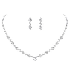HMOOY Silver Crystal Bridal Earrings and Necklace Set, Crystal Necklace Earrings Set Prom Jewelry Sets Crystal Necklace Wedding Jewelry Sets for Bridal Women Girls (Silver)
