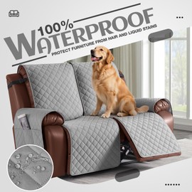 KinCam Loveseat Recliner Covers for 2 Seat, 100% Waterproof Reclining Loveseat Covers, Non-Slip Recliner Cover Furniture Protector with Elastic Straps for Pets, Kids, Light Gray