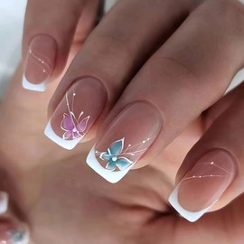 Press On Nails Short Ballet, Cute Design Fake Nails, Beautiful Bow Stick On Nails, Glitter Pearl Glue on Nails on 24PCS (Pink Blue Butterfly)