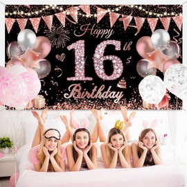 Happy 16th Birthday Banner Rose Gold 16th Birthday Party Decoration Backdrop Extra Large 110 * 180cm Fabric Photography Background Poster birthday Party Supplies for Girls Teenager Women