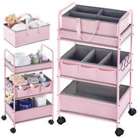 Honeydak 2in1 Baby Diaper Caddy Organizer Cart 3 Tier Large Capacity Metal Utility Bedside Rolling Cart with Divider for Newborn Nursery Essential Must Have for Crib Bedroom Baby Shower(Pink)