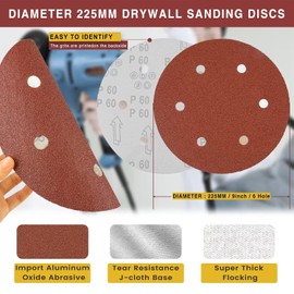 STEBRUAM 225mm Sanding Discs 30Pcs 6 Hole Hook & Loop Sanding Pads, Grit 150 for Drywall & Orbital Sanders