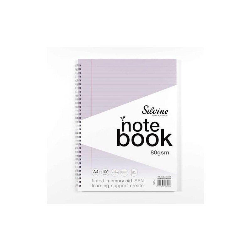Silvine A4 Lilac Paper Dyslexia Notebook - Lined with Margin