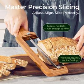 Keechee Adjustable Bread Slicer for Homemade Bread – Sourdough Bread Knife with Thickness Guide & Serrated Stainless Blade, Manual Bow Cutter for Bagels and Baguettes, Gift for Baker, Ambidextrous Use