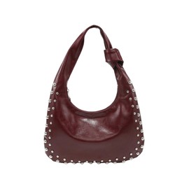 Verdusa Women's Studded PU Leather Shoulder Handbags Vintage Zipper Hobo Purses Clutch Bags Burgundy One Size