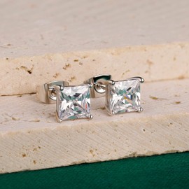 18K White Gold Plated 4.0 mm Princess Cut Clear Cubic Zirconia Stud Earrings Set for Women Men Pack of 6 Pairs