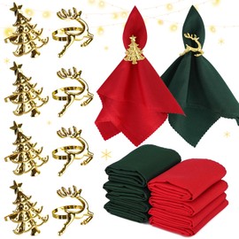 16 Pcs Christmas Napkin Rings Cloth Set, Include 8 Pieces Gold Napkin Rings with 8 Pieces Solid Color Dinner Napkins for Party Decoration, Dinning Table, Holiday, Wedding, Tabletop Décor