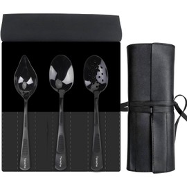 CREATIVECHEF Set of 3 Kitchen Spoons Chef Plating Tools Culinary Kit, Plating Tools Specialty Chef Plating Spoons Kit, Stainless Steel Serving Spoons Set, Professional Kitchen Secret, Black