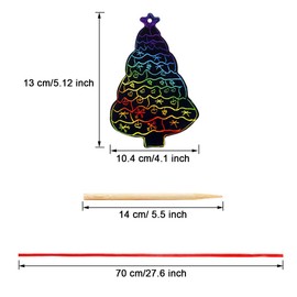 PARSUP 72Pcs Christmas Tree Scratch Paper Rainbow Color Scratch Ornaments Christmas Decorations Hanging Craft Art Kits with Wooden Stick and Ribbon for Kids Christmas Winter Party Favors