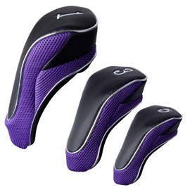 Andux Golf Club 460cc Driver Fairway Wood Head Covers with Hook & Loop Set of 3 (Black/Purple)