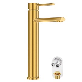 Phiestina Brushed Gold Tall Bathroom Vessel Sink Faucet, Single Hole Single Handle Above Counter Sink Bathroom Faucet, with Pop Up Drain and Water Supply Line,NS-SF03-V-BG