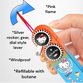 NIVEK Rocker Arm Lighter Gear Dial Lighter Kitty KT Cat Melody Kulomi Japanese Character Kawaii Blue Flame Jet Torch Refillable Black with Silver Rocker Dial (Orange Blue Kitty)