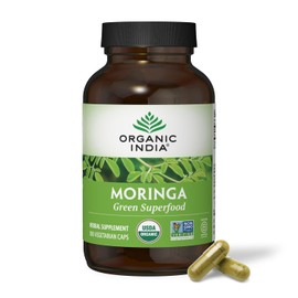 ORGANIC INDIA Moringa Capsules Organic - Moringa Supplement - Green Superfood, Pure Supergreen, Vegan Greens, Nature's Multivitamin, Vegan, Gluten-Free - 180 Capsules