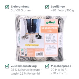 Gründl Sock Wool Trio Knitting Set of 3 x 100 g Sock Yarn (75% Virgin Wool (Superwash), 25% Polyamide) + Instructions (English language not guaranteed), Grey Beige