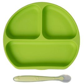 PAPU BABY Plato con divisiones y cuchara de silicón para bebés. Libres de BPA. Plato con succión. Silicón de grado alimenticio. Alimentación independiente. (Verde)
