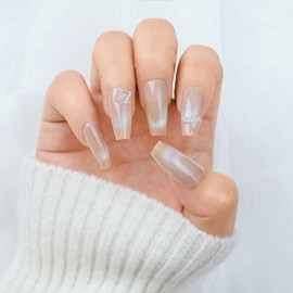 Sethaxy 10PCS French Nail Tip, Medium Long False Nails, Cute Heart, Butterfly Pattern, False Nails, 3D Relief, Magnet, 3D Claws, Fashion, Trapezoid Tip, Gradient (Yellow 1)