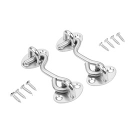 BOWAREPRO Pack of 2 Stainless Steel Cabin Hooks with Eyelet, 7.5 cm, Door Hooks with 8 Screws, Gate Hook Lock, Latch, Door, Storm Hook for Roller Shutters, Sheds, Sliding Doors, Garage Door, Window (3