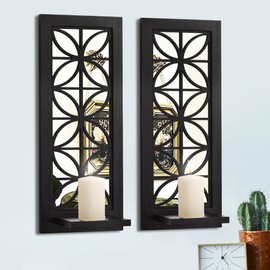 Aeveco Wall Mirrored Candle Sconces Set of 2, Decorative Wooden Candle Holder, Rustic Candle Sconce, Living Room Wall Decoration (Black (Style 1))