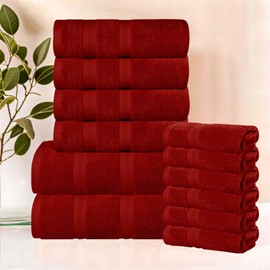 Superior 12-Piece Cotton Towel Set, Soft Plush Essential Towels for Bathroom Decor, Shower, Gym, Spa, Salon, Resort, Airbnb, Includes 4 Hand, 6 Face, and 2 Bath Towels, Smart Dry Collection, Crimson