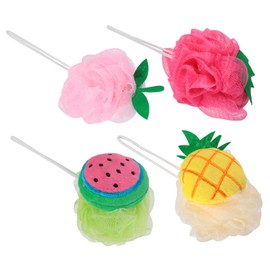 TOVINANNA 4pcs Cartoon Soft Mesh Shower Scrubbers for Boys and Girls Exfoliating Bath Flowers Pineapple Watermelon Strawberry