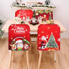 4 Pieces Christmas Chair Covers, Christmas Tree Santa Claus Pattern Dining Chair Back Covers Decorations Christmas Chair Seat Slip Cover for Xmas Holiday Season Home Kitchen Christmas Decorations
