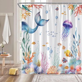 Ocean Coastal Shower Curtain Underwater Mermaid Jellyfish Tropical Fish Coral Ocean Animal Blue Fabric Curtain with Hooks for Bathroom Decor,70x70 Inch