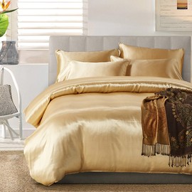 AiMay 3 Piece Satin Duvet Cover Set (1 Duvet Cover + 2 Pillowcases) Rich Silk Silky 100% Super Soft Microfiber Honeymoon Sexy Bedding Collection (Queen, Gold)