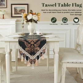 Dark Green Table Runner Floral Jacquard Damask Dining Table Runner with Multi-Tassels for Kitchen Dresser Party Banquet Holiday