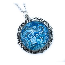 Blue Paisley Boho Necklace for Women - Retro Colorful Pendant - Glass Cabochon Jewelry