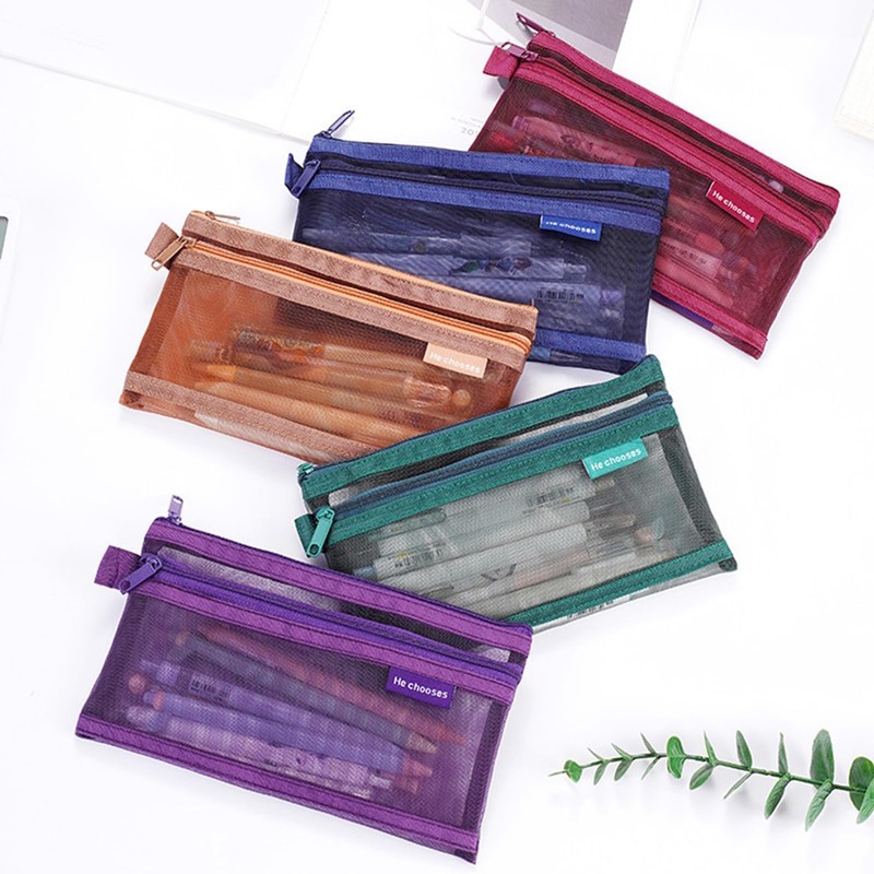DELUXEFOX Mesh Pen Case Pen Case Double Structure Transparent Nylon