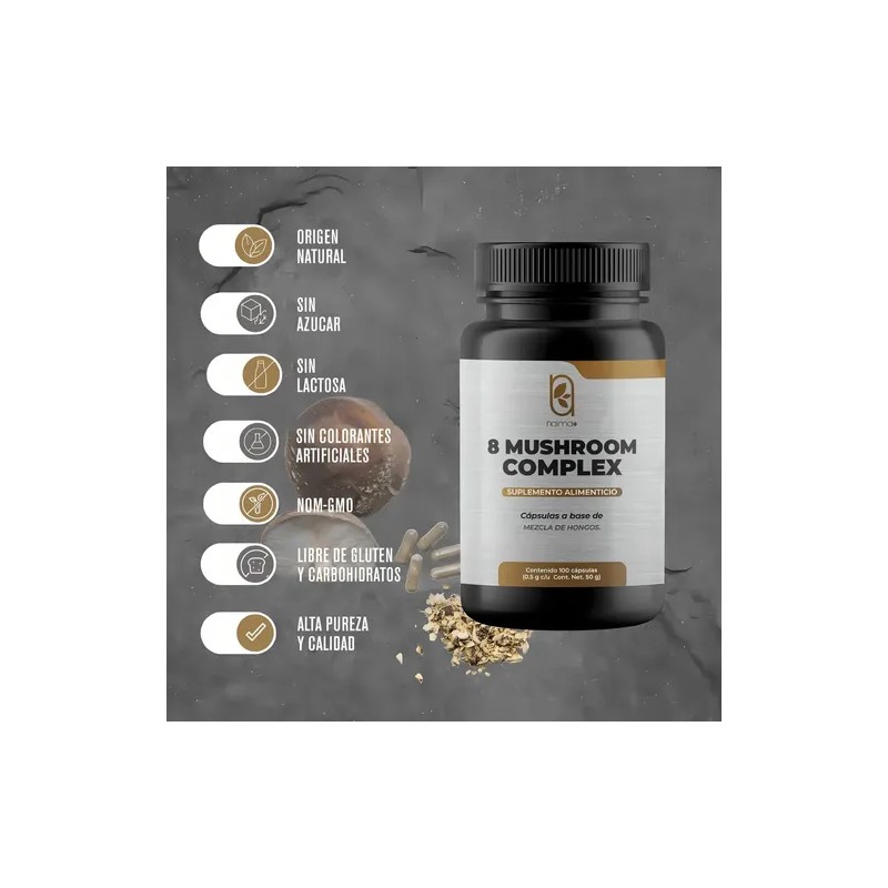Naima+ Suplemento 8 Hongos Adaptógenos Cápsulas Reishi Cordyceps Shiitake Sin